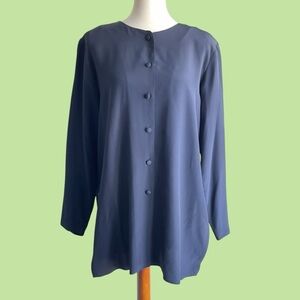 Nancy Crystal 80s tailored 100% silk navy button up blouse size 10